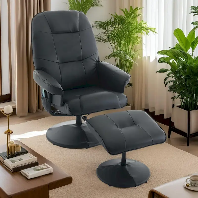 Beige / Black PU Leather Swivel Massage Recliner Chair with Ottoman – 1-Person