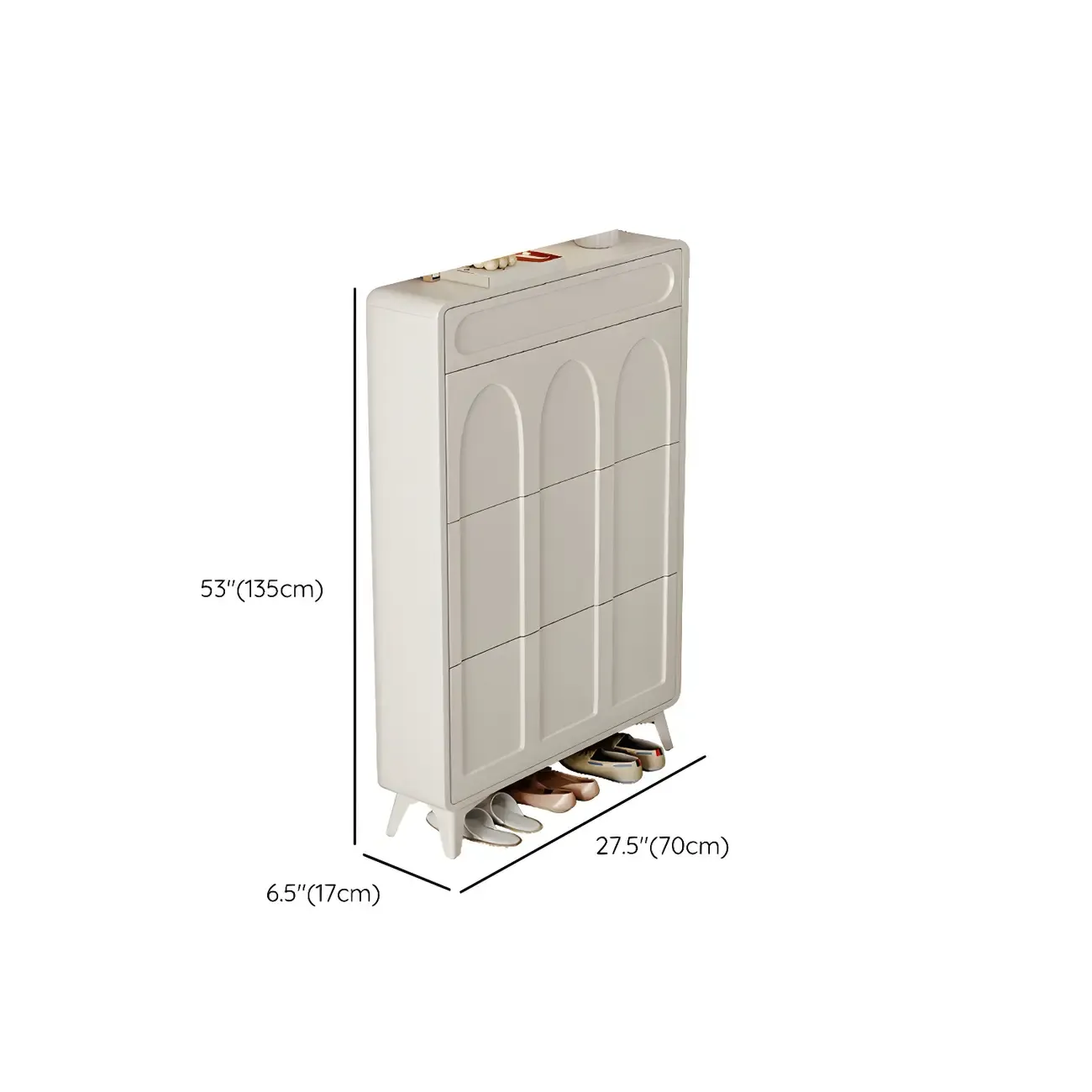 Vertical Slim White Wooden Drop Front Shoe Cabinet