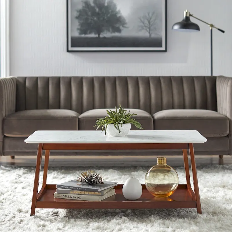 White Faux Marble Coffee Table with Walnut Legs