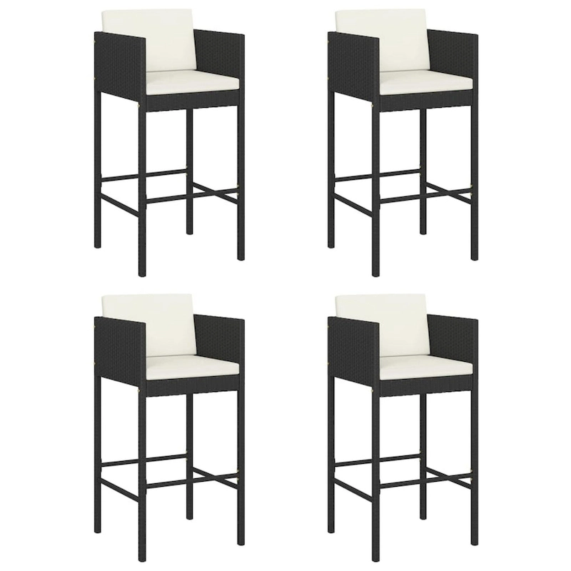 Outdoor Barstool Chair Set of 4, White Fabric Cushions, Black Rattan