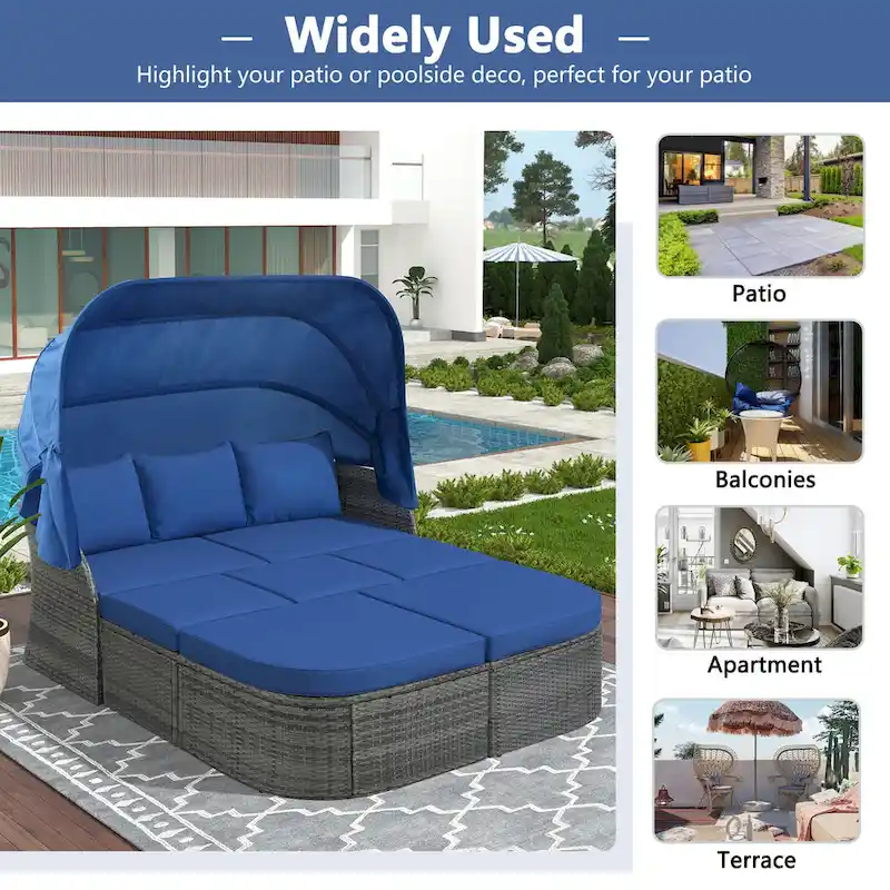 Modular Daybed Sunbed Patio Canopy Bed Wicker Conversation Set