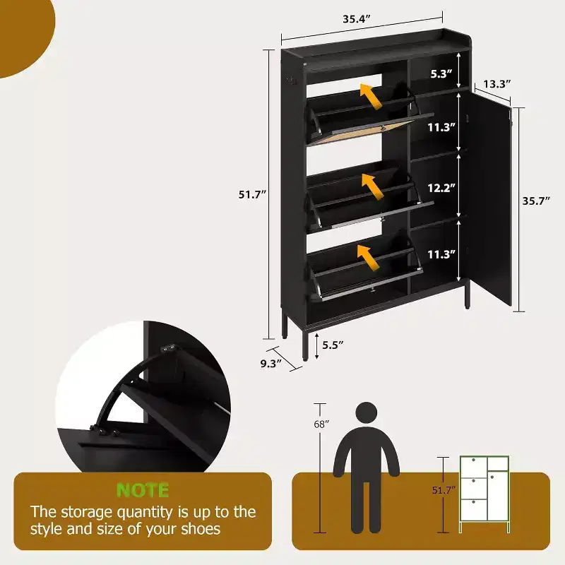 Shoe Storage Cabinet with 3 Flip-Down Drawers & 4 Adjustable Shelves, Space-Saving Organizer for Entryway & Front Door