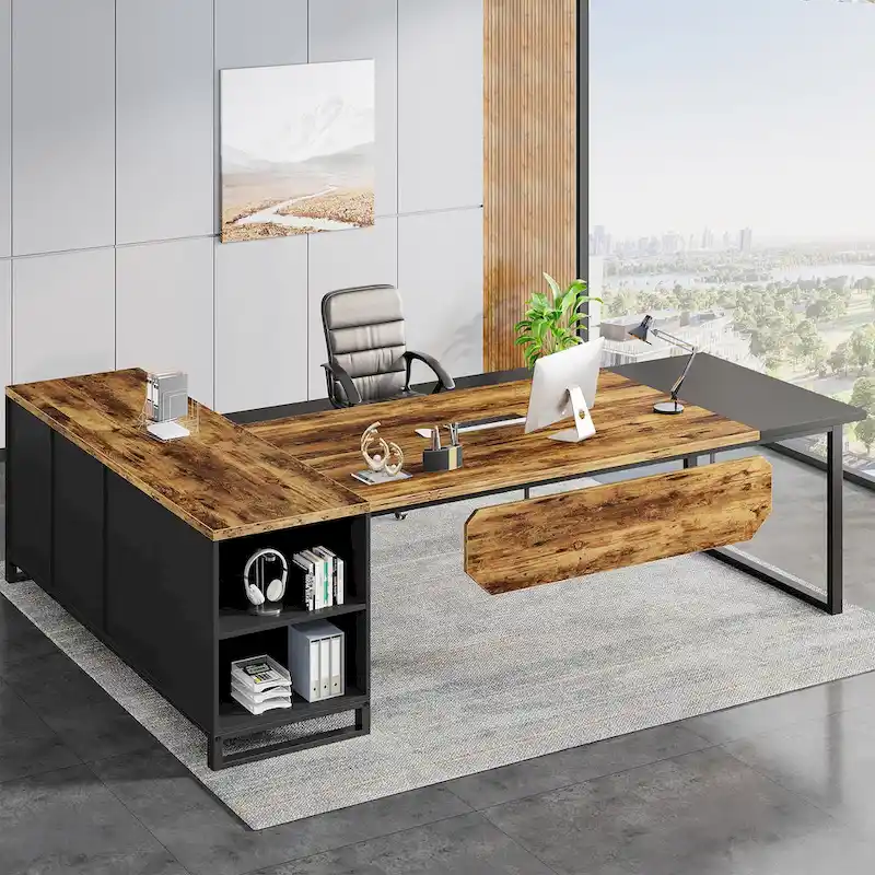 70.8 Executive Desk with 55 File Cabinet, Large L-Shaped Office Computer Desk with Storage Shelves and Cabinet