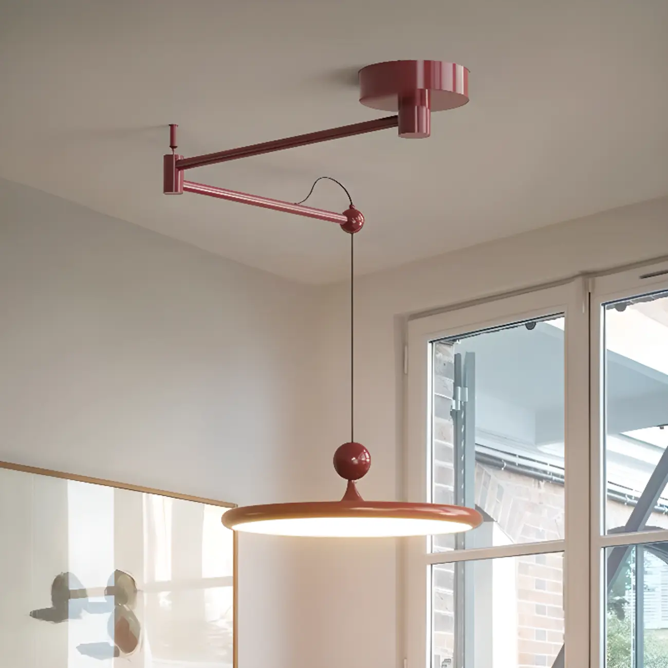 Modern Metal Red Swing Arm Pendant Light with Acrylic Shade