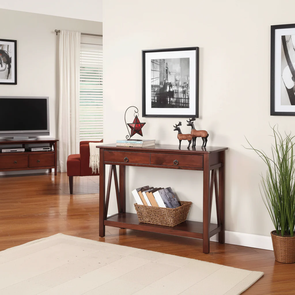 2-Drawer Console Sofa Table Living Room Storage Shelf in Tobacco Brown - 14 x 42 x 30.7 inches