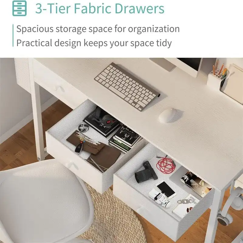 Small White Computer Desk with Fabric Drawers