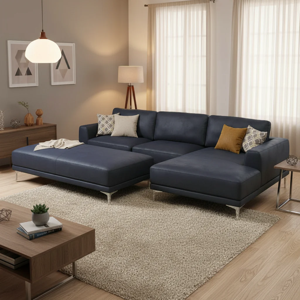 Ink Blue Faux Leather L-Shaped Sectional Sofa with LAF Chaise
