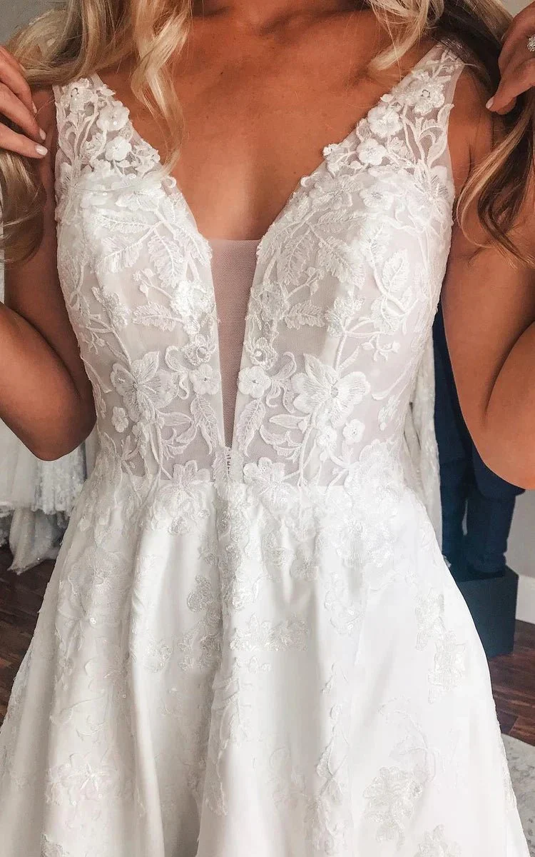 Plunging Neckline A-Line Satin Wedding Dress With Low-V Back And Appliques