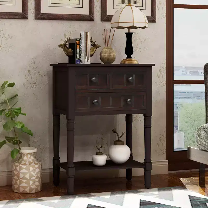 Whisen Classic Narrow Console Table with Three Storage Drawers and Bottom Shelf