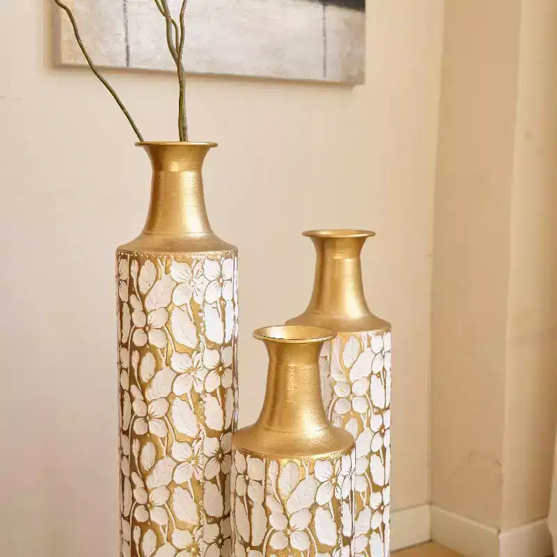 Floor vase, gold vase decorative tall vase set of 3 Vintage large vase representing branches, dried flowers, antique distressed vase Antique White