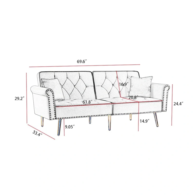 Velvet Tufted Sofa Couch with 2 Pillows and Nailhead Trim