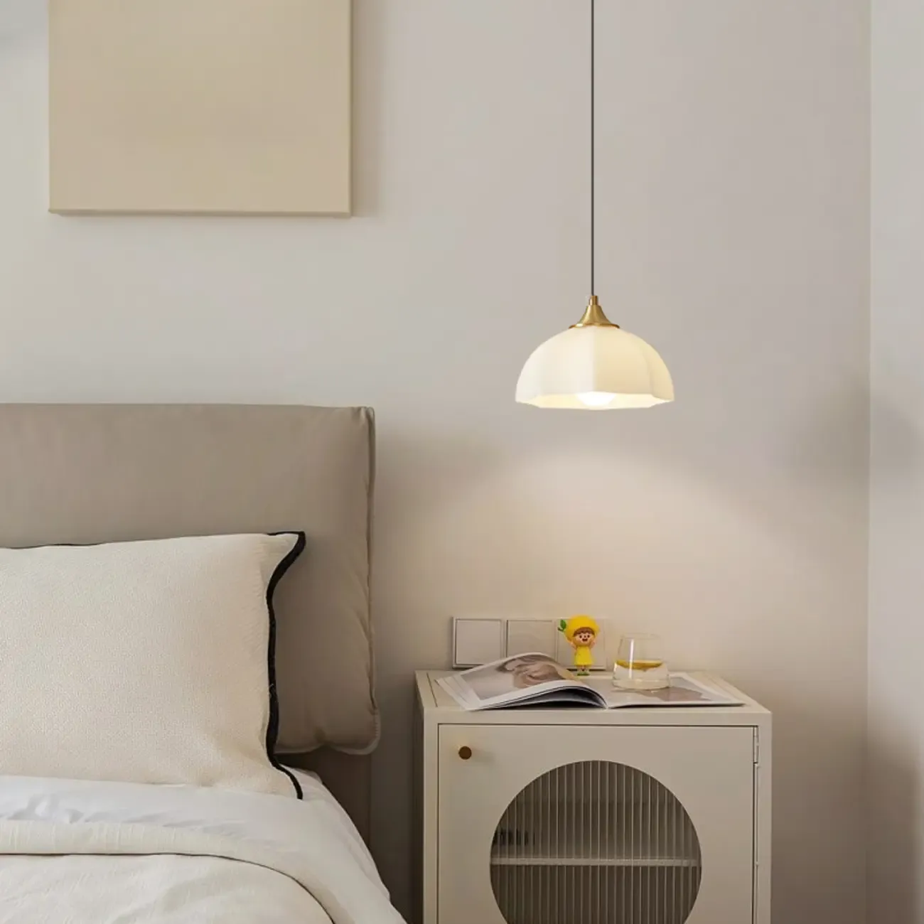 Cream Floral White Glass LED Pendant Lamp for Bedside