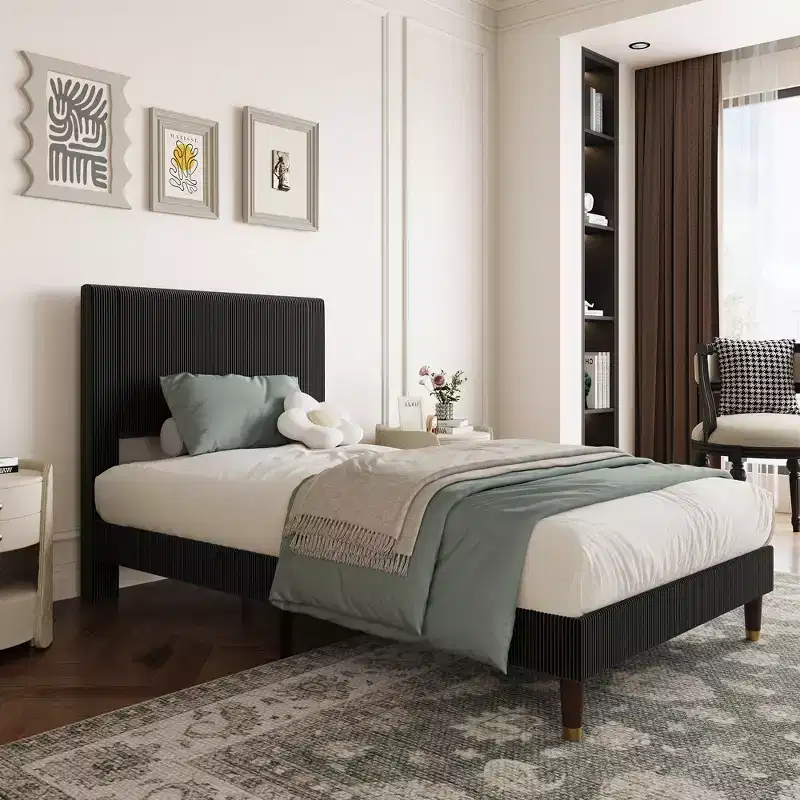 Modern Corduroy Upholstered Platform Bed Frame with Headboard  Sturdy Metal & Wooden Slats