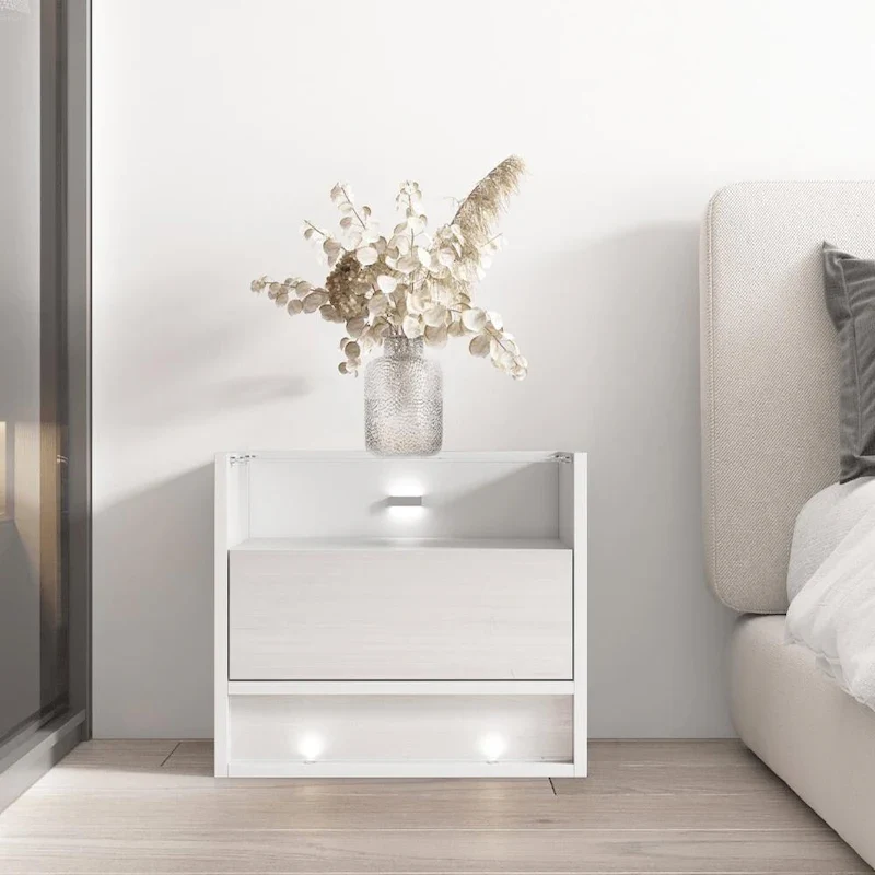 High Gloss Nightstand with LED Lights, Black / White, 1-Person, Bedside End Table