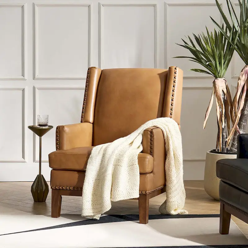 Lourdes Genuine Leather Armchair with Solid Wood Frame and Removable Seat Cushion by HULALA HOME
