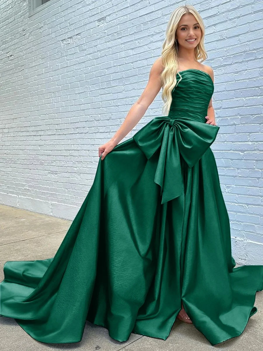 A-line Strapless Taffeta Long Prom Dress With Slit