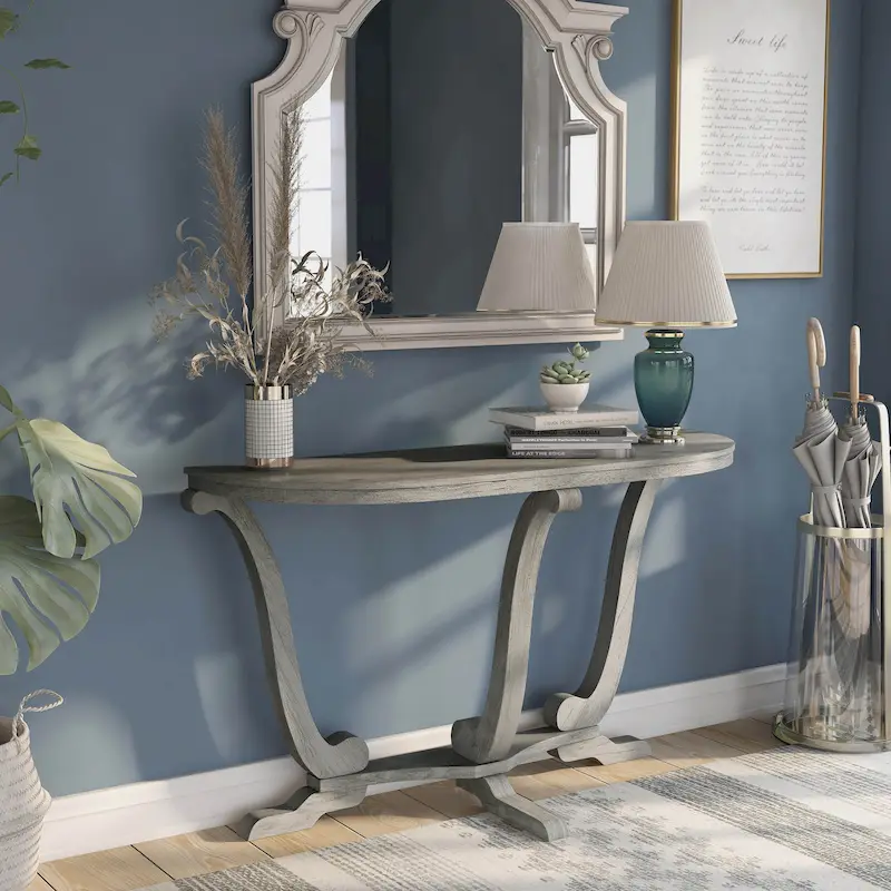 Vintage Grey Oak Half-Oval Console Table, 48W x 16D x 29H in.