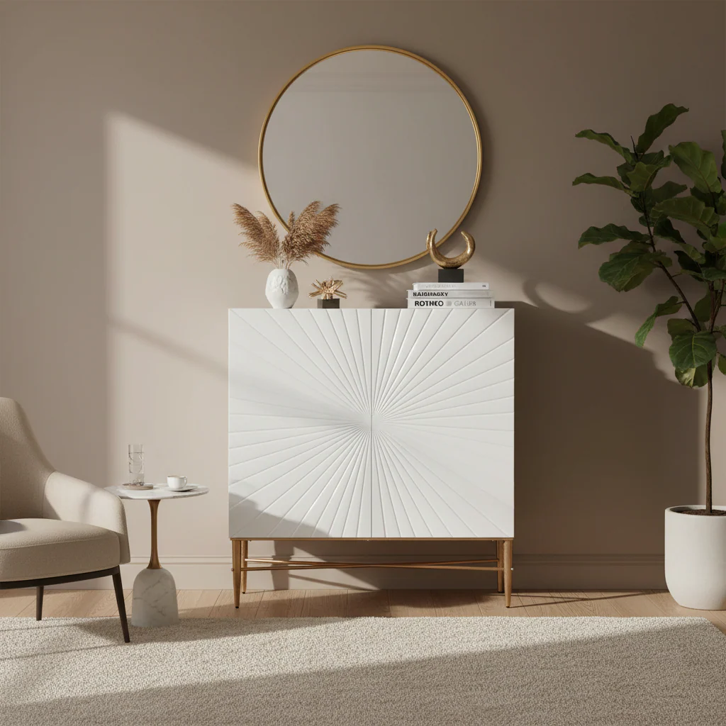 White 2-Door Vintage Accent Cabinet with Geometric Pattern & Gold Metal Legs