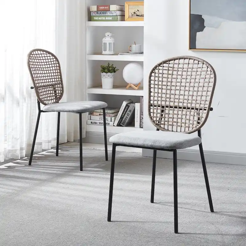 Velvet Upholstered Metal Frame Armless Rattan Dining Chair Set of 4