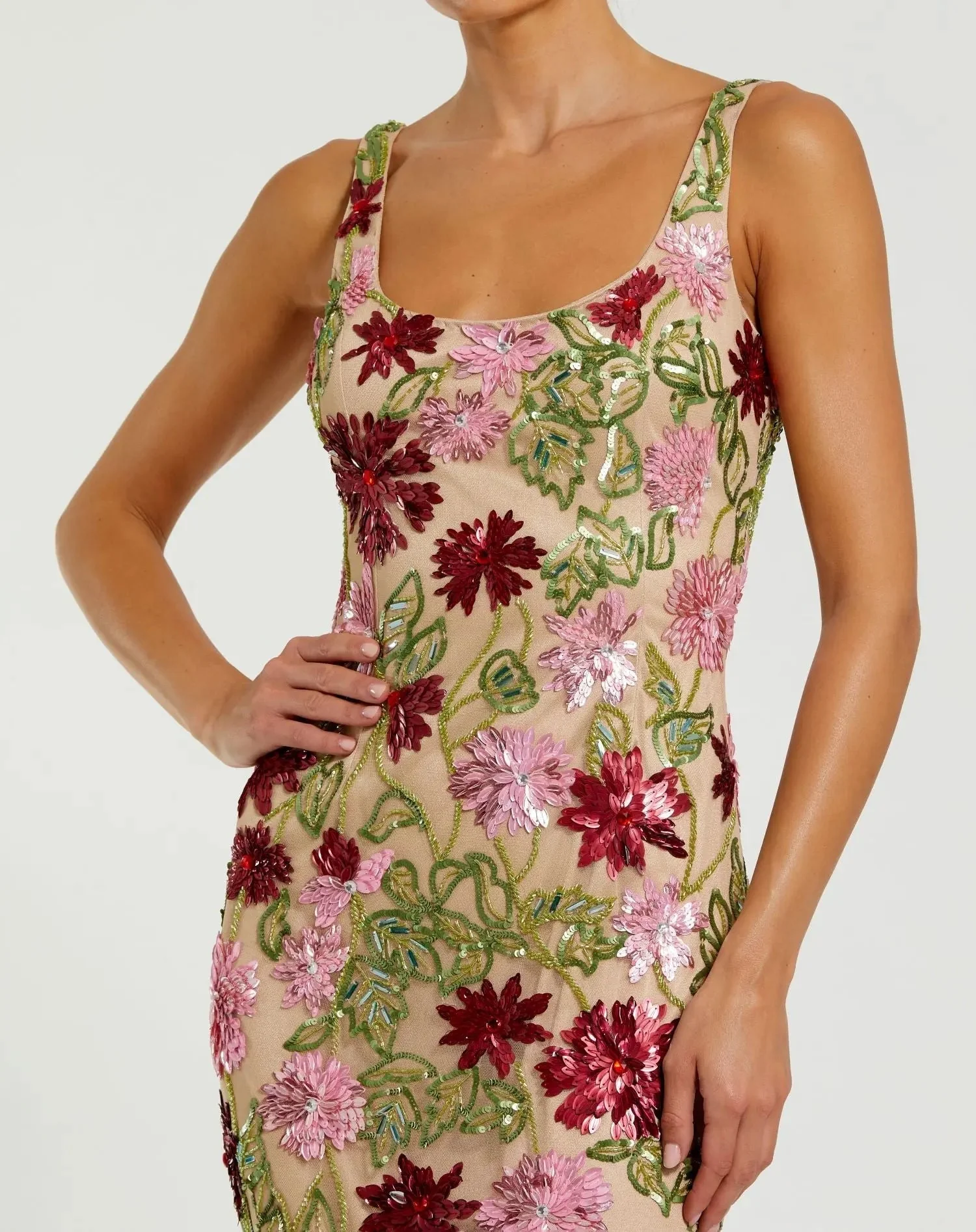 Beige Floral Beaded Scoop Neck Midi Dress