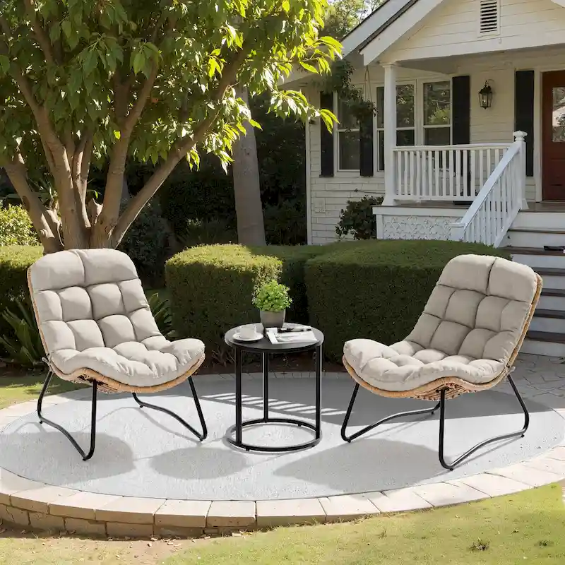 2-Piece Papasan PE Rattan Chair with Cushion For Indoor Outdoor