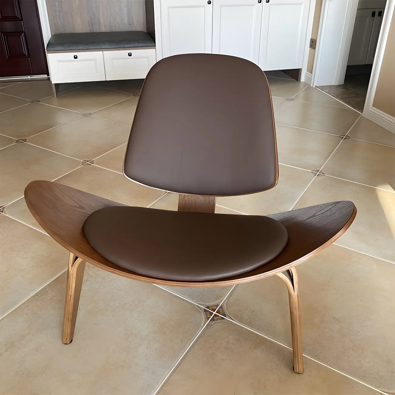 Scandinavian Leather/Linen Accent Chair with Wood Frame