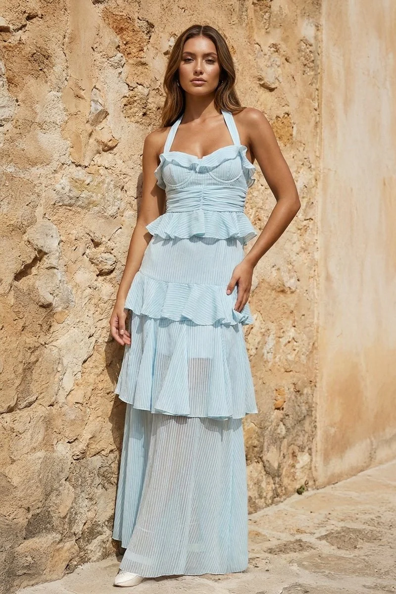 Sky Blue Halter Sheath Pleated Chiffon Long Prom Dresses With Ruffles