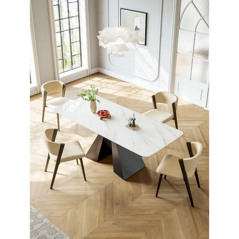Contemporary White Rectangular Extendable Stone Dining Table with Black Base