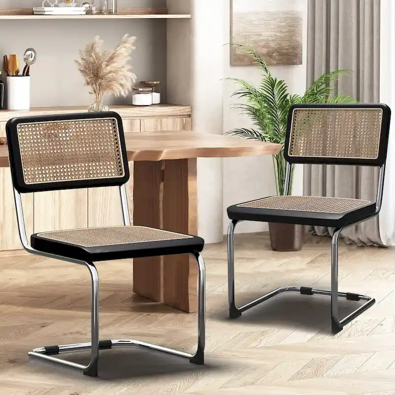 Dining Chairs Set of 2, Upholstered Natural Rattan Kitchen Chairs, Armless Accent Chair Side Chairs