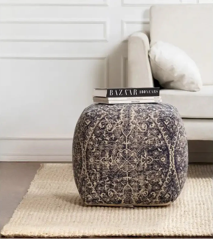 Jani Hanalei 20-inch Blue & Ivory Square Pouf Ottoman - Handmade Footrest for Living Room, Bedroom, Nursery, Kidsroom