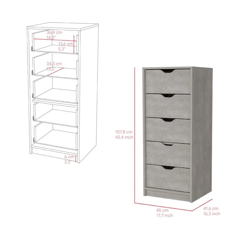 Compact Vertical Wood Dresser with 5 Drawers Slim Chest of Drawers for Bedroom or Office Use