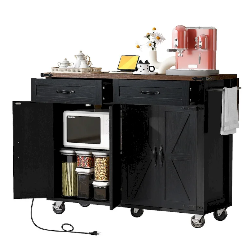 53.5 Farmhouse Kitchen Island Cart with Power Outlet, Drop Leaf, Spice Rack, and 2 Drawers, 5 Wheels