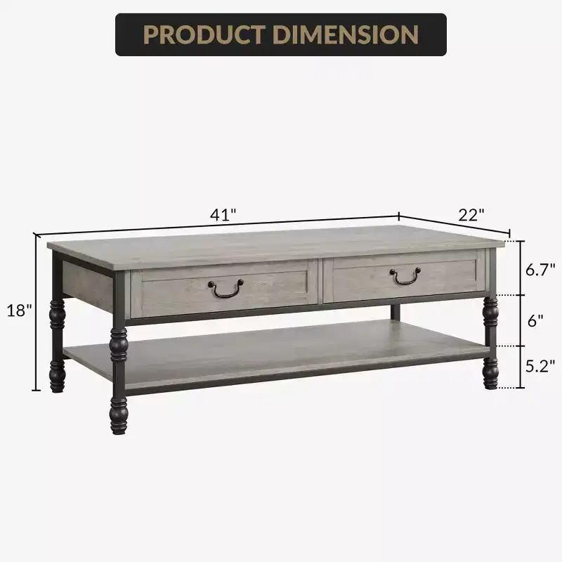 41 inch Coffee Table with 2 Drawers & Open Shelf, Vintage Farmhouse Rectangle Center Table with Storage for Living Room, Easy Assembly & Cleaning