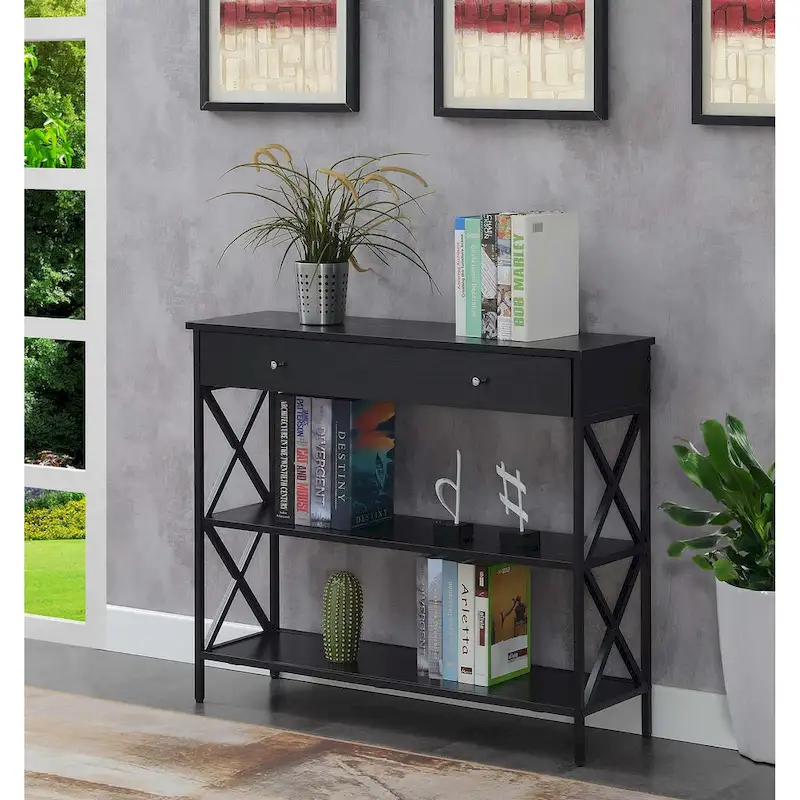 Black / Driftwood / Weathered Grey Console Table with 1 Drawer and 2 Shelves