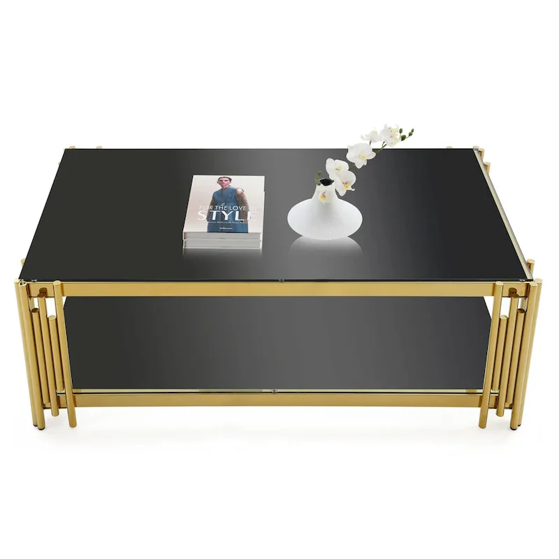 48  Wide Rectangular Coffee Table with Glass Top, Stainless Steel Double-Layer Coffee Table