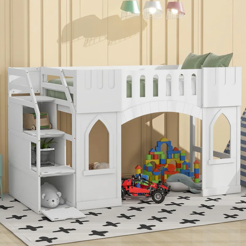 White Solid Wood Kids Loft Bed with Storage Staircase & Window