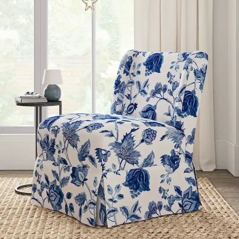 Upholstered Farmhouse Armless Chair with Slipcover and Solid Wood Legs