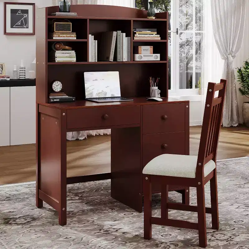 Executive Desk Set, Retro 40 with Bookshelf, Computer Desk, 4 Drawers, Storage Shelves, Upholstered Chair for Office, Study, Bedroom