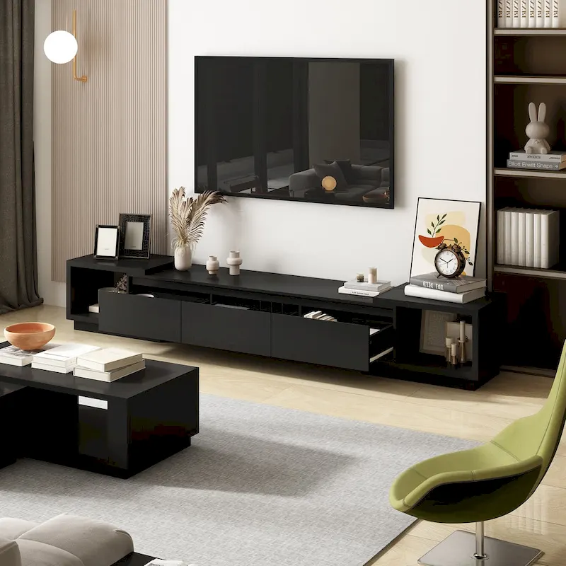 Modern Style Extendable TV Stand with 3Drawer White/Black 65.4-106.3