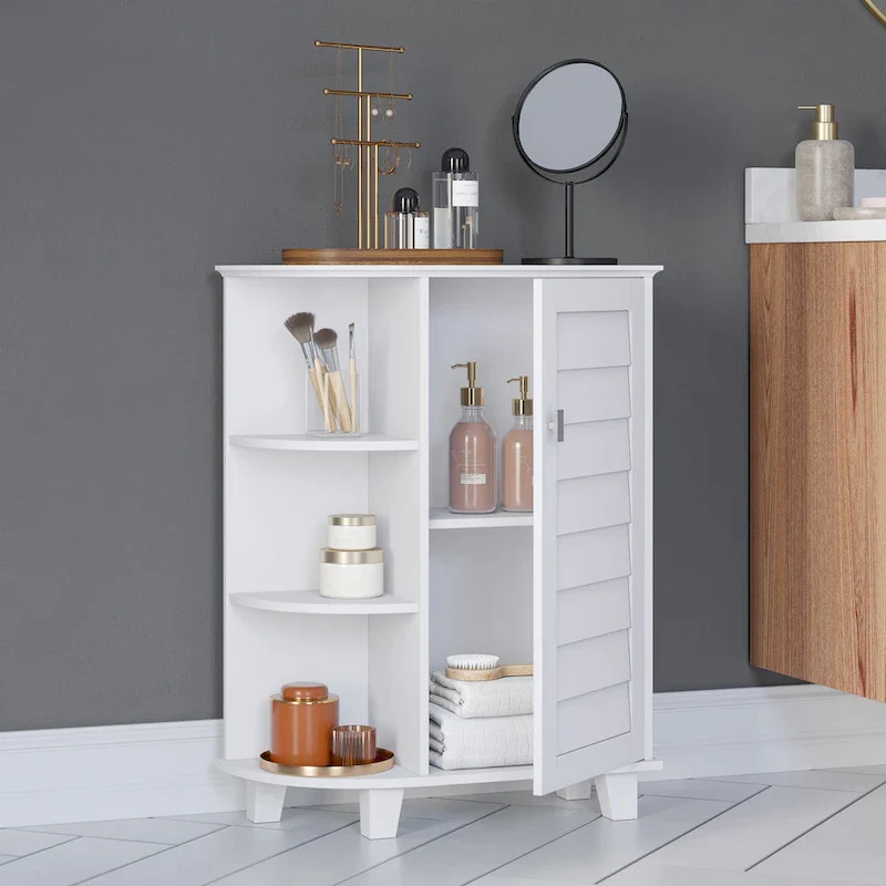 Single Door Floor Storage Cabinet with Side Shelves – White, Painted MDF, For 1 Household