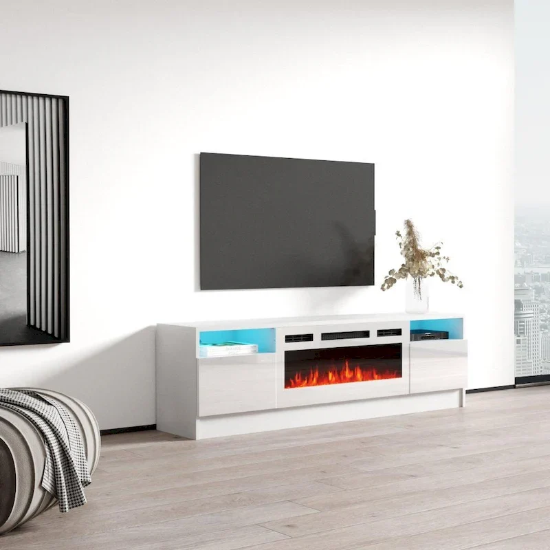 63 Inch TV Stand with Electric Fireplace Insert and LED Lighting