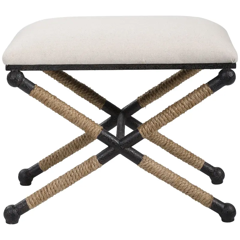 Black Iron Frame Oatmeal Fabric Top Single Bench