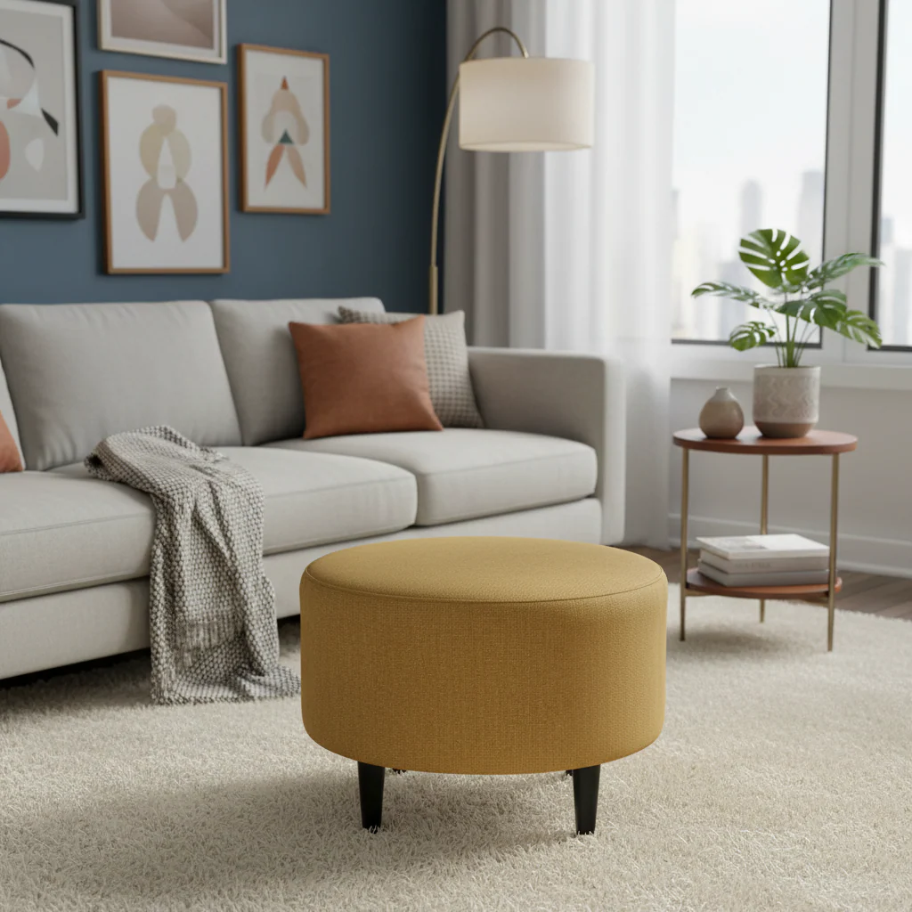 Round Ottoman - Mid-Century Style - Wooden Legs