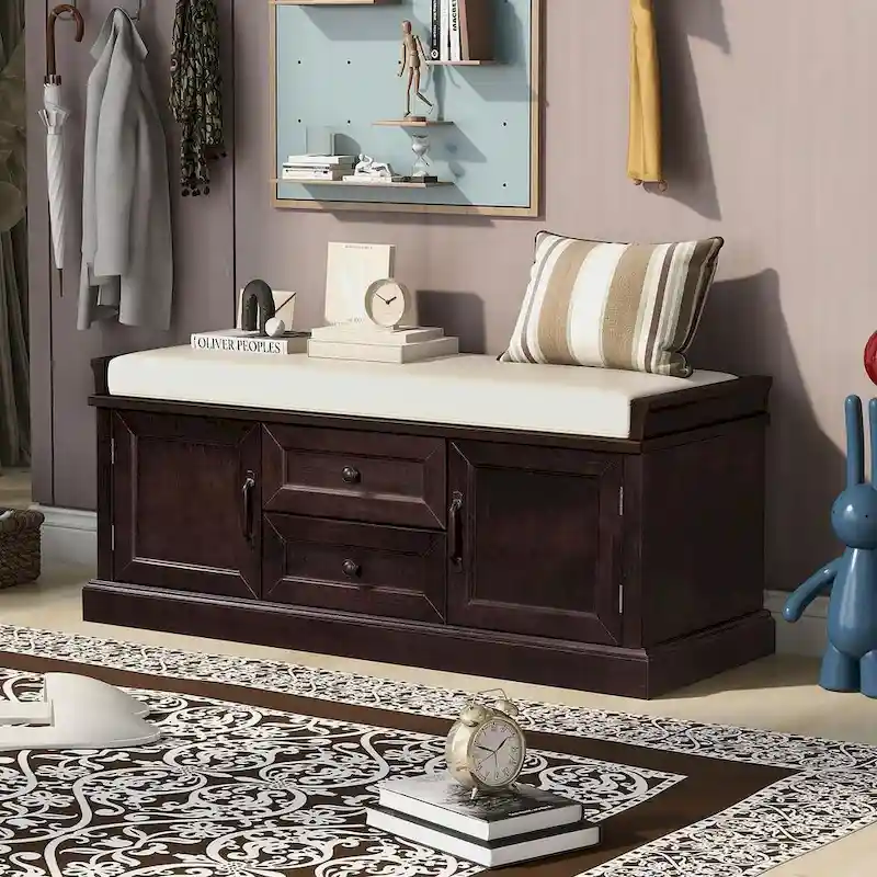 Storage Bench Shoe Bench with Removable Cushion for Living Room