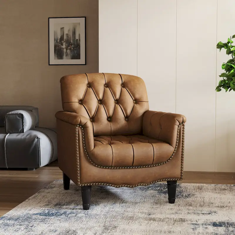 PU Leather Tufted Accent Chair with Nailhead Trim Armchair