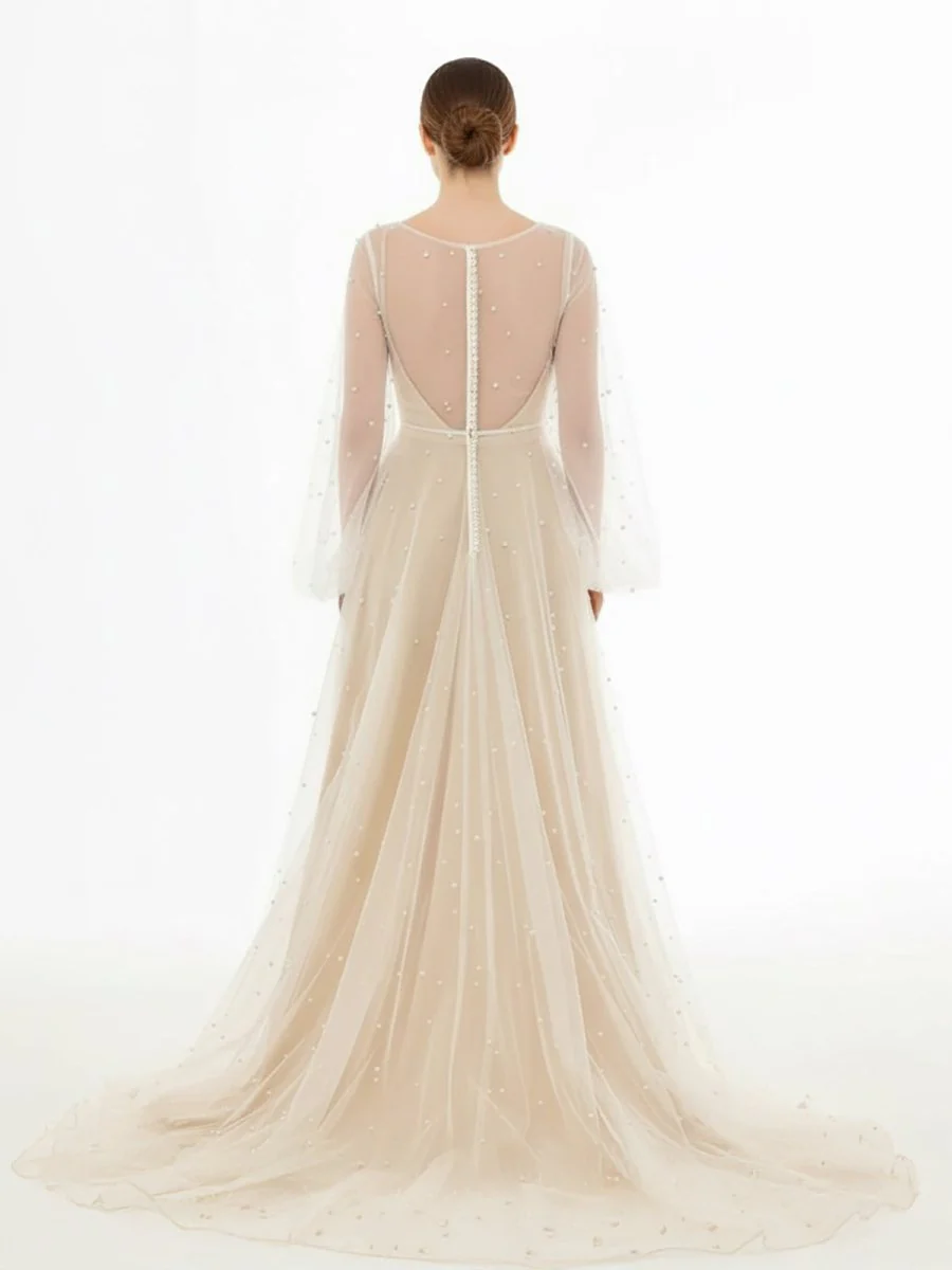 Simple Modest A-Line Long Sleeve Tulle Elopement Illusion Wedding Dress with Pearl