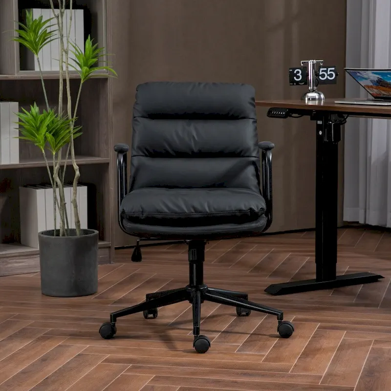 Black / Brown Mid-Back PU Leather Swivel Office Chair with Arms, Wheels & Reclining Back – 1-Person