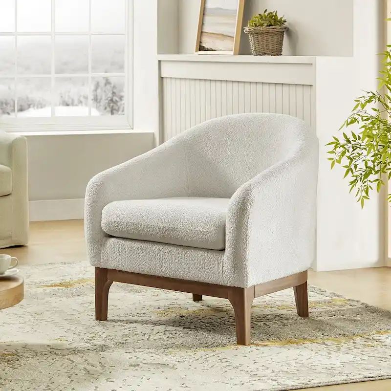 Augus Modern Boucle Accent Barrel Chair with Solid Wood Legs by HULALA HOME