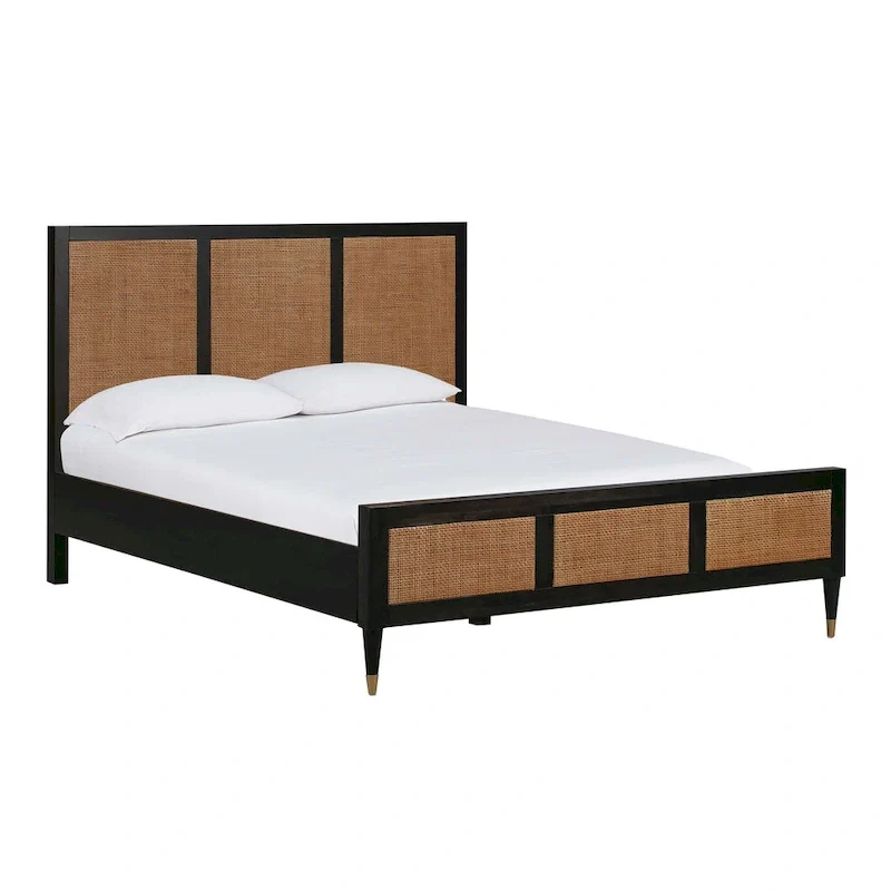 Buttermilk / Black & Brown Cane & Brass Platform Bed – Queen / King, Sleeps 2