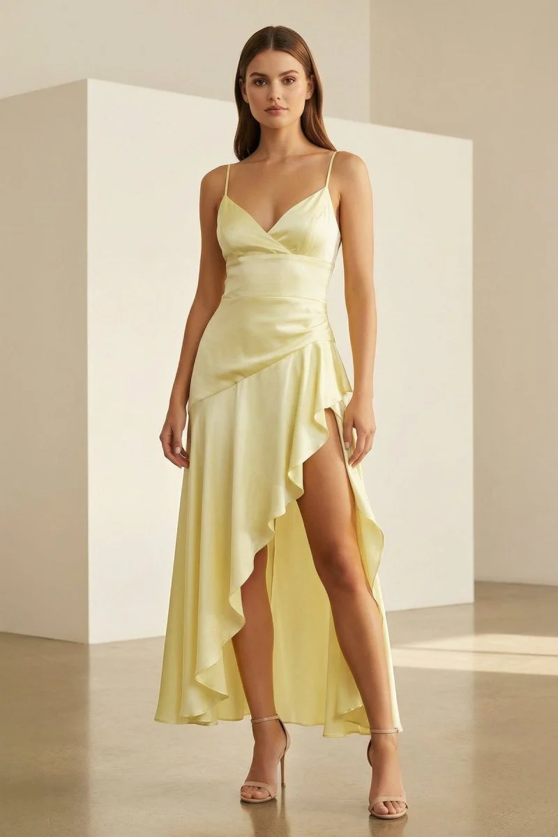 Yellow - Spaghetti Straps Sheath Satin High Low Prom Dresses With Ruffles